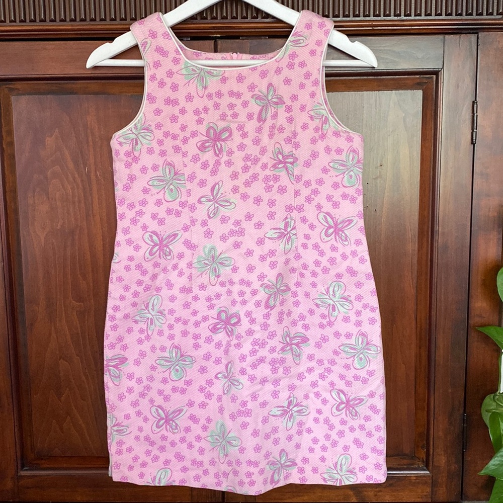 Lilly Pulitzer vintage shift dress white tag pink and green butterflies